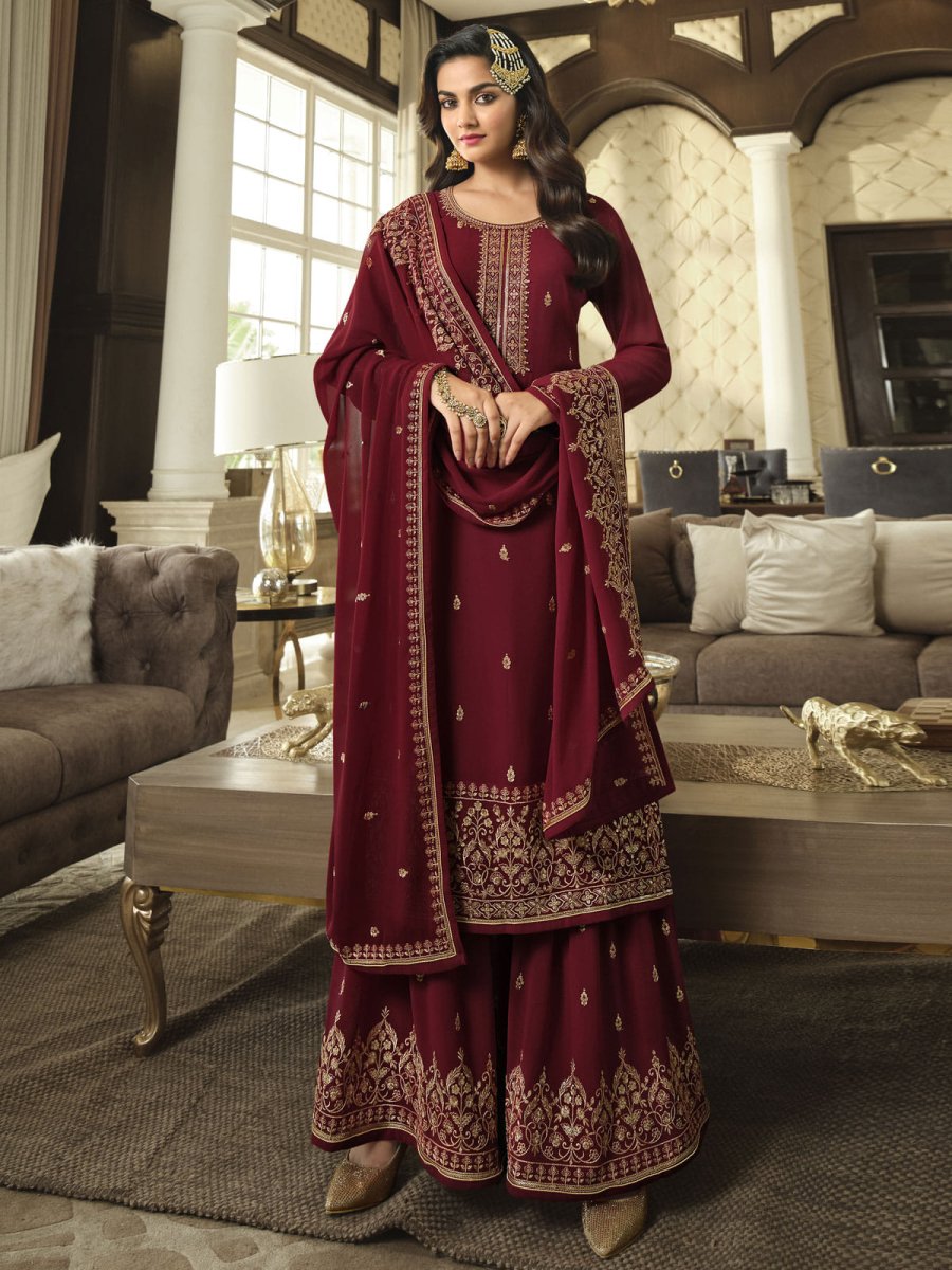 Red Georgette Partywear Sharara-Style-Suit - Inddus.com