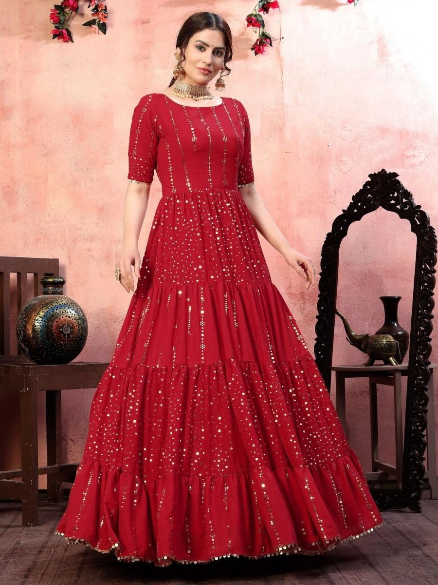 Red Georgette Sequins Work Anarkali Gown - inddus-us