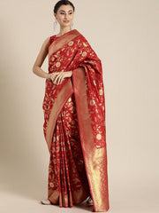 Red & Gold-Coloured Silk Blend Woven Design Banarasi Saree - Inddus.com