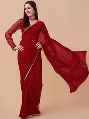 Red & Gold-Toned Sequinned Saree - Inddus.com