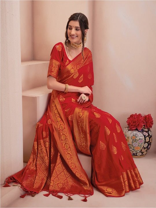Red & Gold-Toned Woven Design Zari Silk Blend Saree - Inddus.com