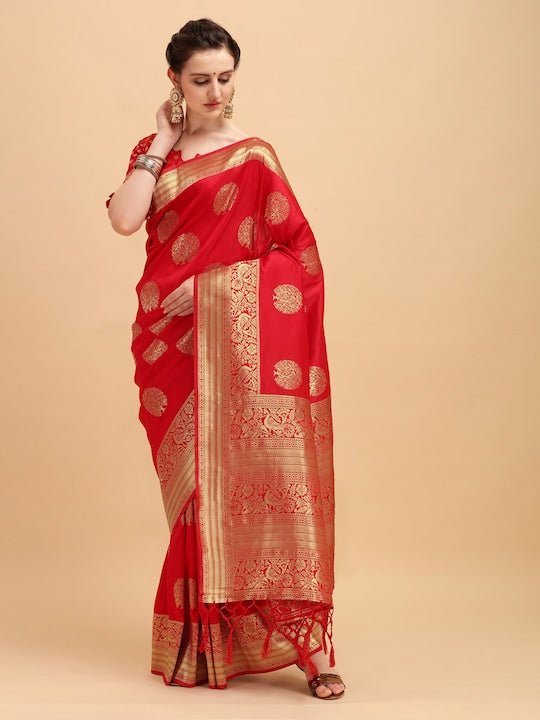 Red & Golden Ethnic Motifs Zari Jashn Saree - Inddus.com