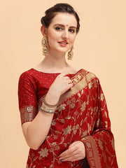 Red & Golden Floral Zari Silk Blend Saree - Inddus.com