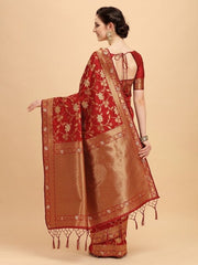 Red & Golden Floral Zari Silk Blend Saree - Inddus.com