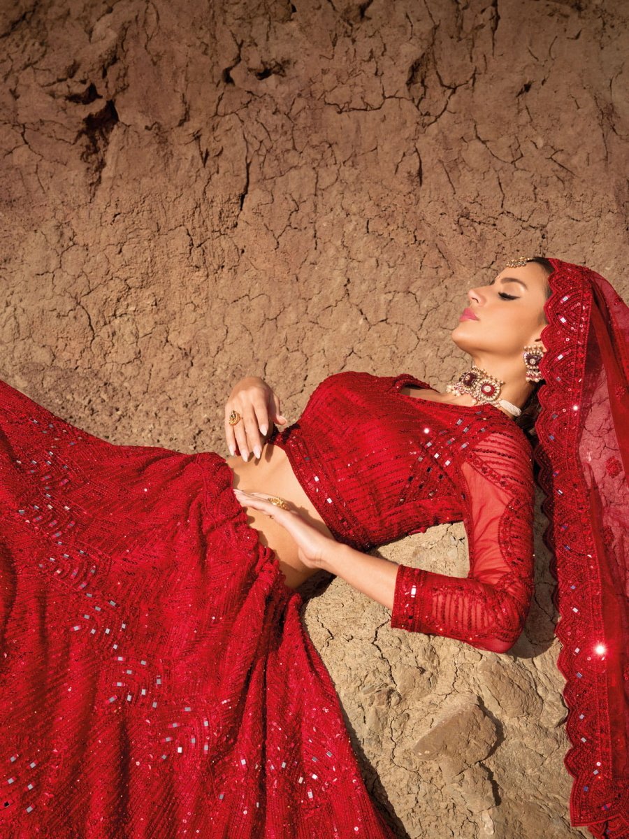 Red Net Embroidered Lehenga Choli - Inddus.com