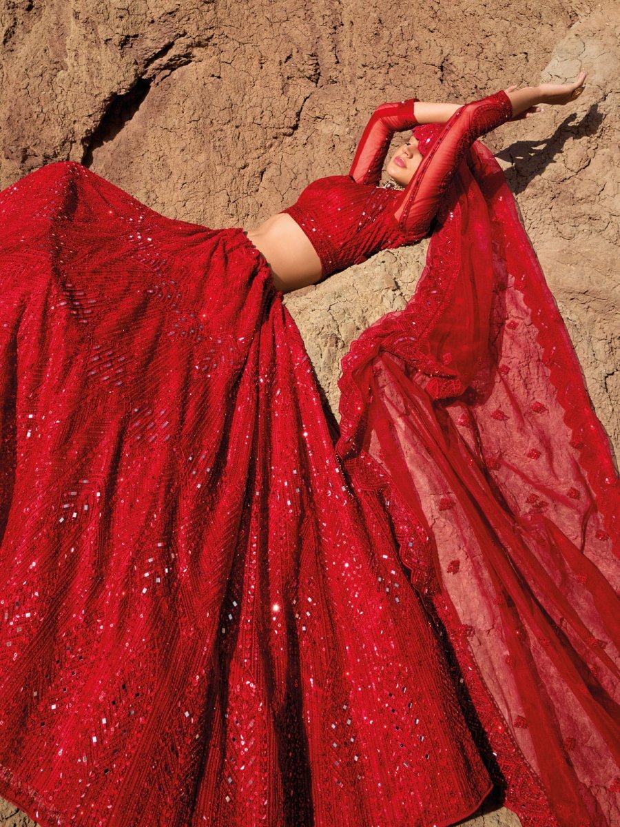 Red Net Embroidered Lehenga Choli - Inddus.com