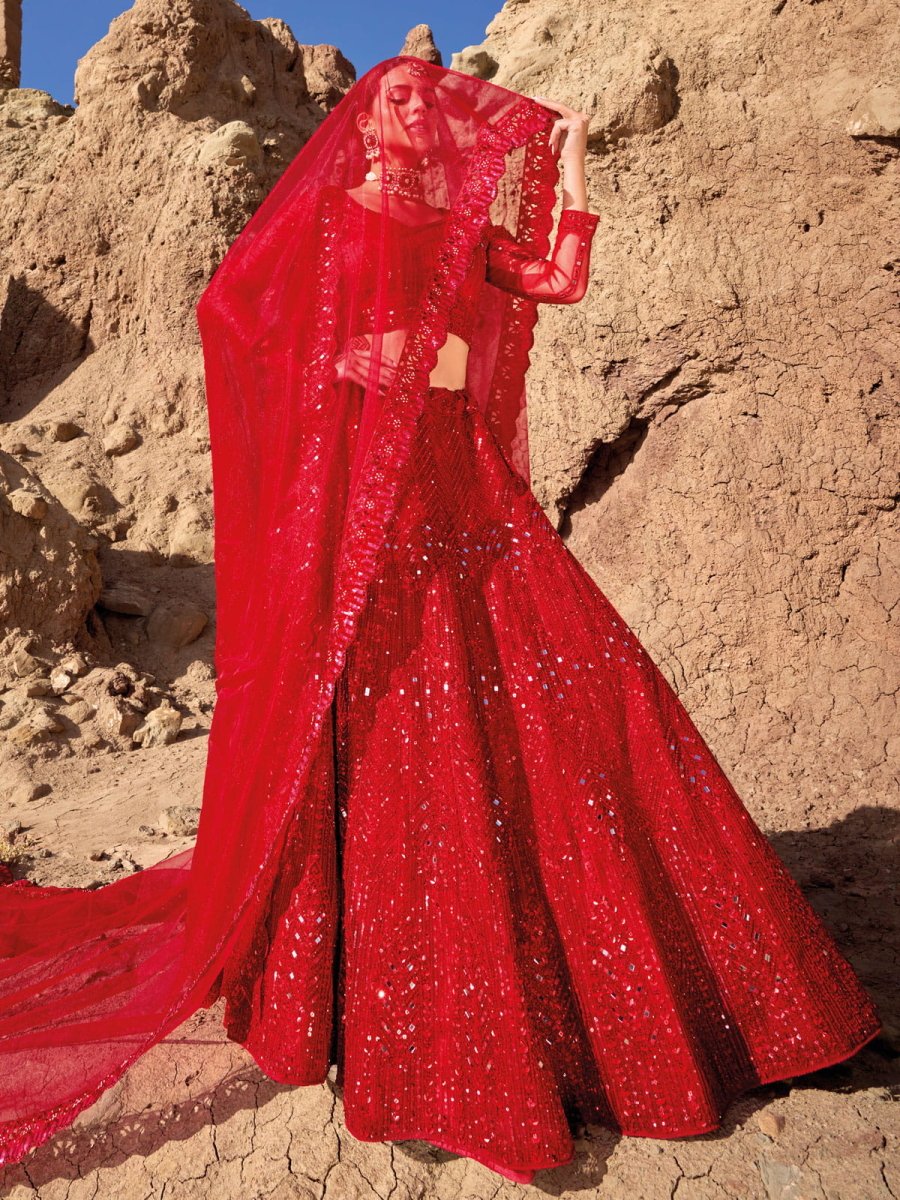 Red Net Embroidered Lehenga Choli - Inddus.com