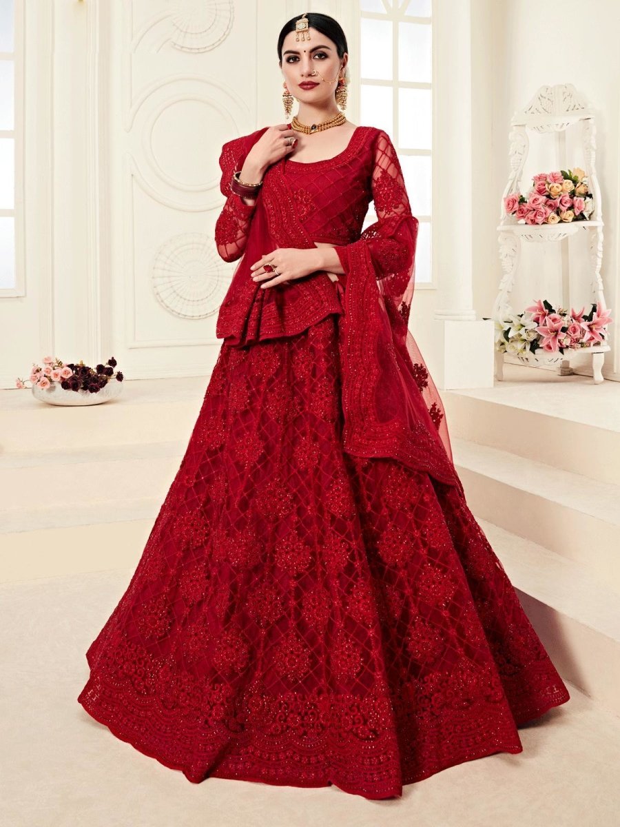 Red Net Embroidered Partywear Lehenga Choli - inddus-us