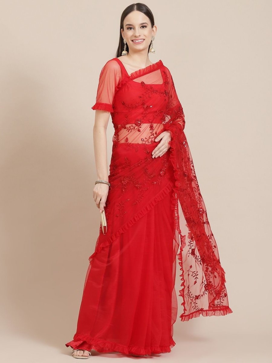 Red Net Embroidered Ruffled Saree - Inddus.com