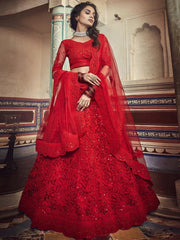 Red Net Embroidered Wedding Lehenga Choli - inddus-us