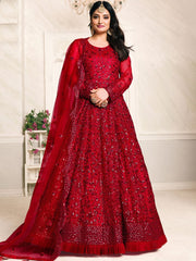 Red Net Partywear Anarkali Suit - Inddus.com