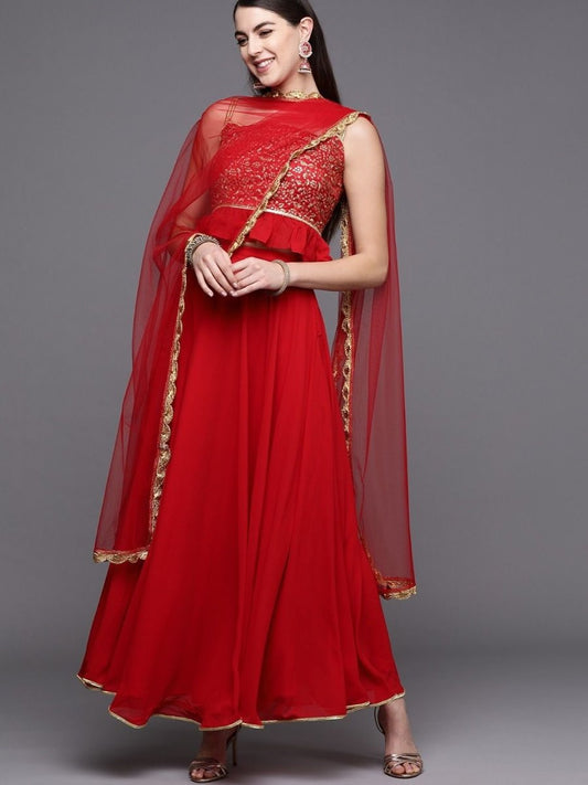 Red Net Sequins Lehenga Choli - inddus-us