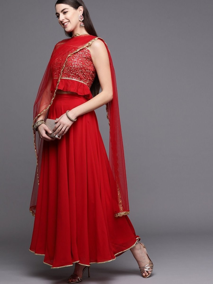 Red Net Sequins Lehenga Choli - inddus-us