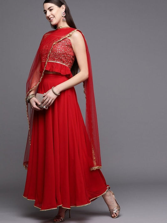 Red Net Sequins Lehenga Choli - inddus-us