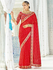 Red Organza Thread Embroiderd Saree - Inddus.com