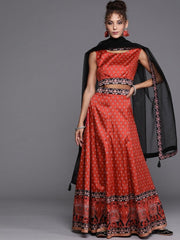 Red Patola Print Semi stitched Lehenga with Blouse and Dupatta - inddus-us