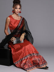 Red Patola Print Semi stitched Lehenga with Blouse and Dupatta - inddus-us