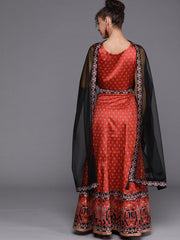 Red Patola Print Semi stitched Lehenga with Blouse and Dupatta - inddus-us