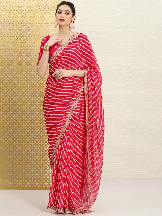 Red & Pink Leheriya Sequinned Georgette Saree - Inddus.com