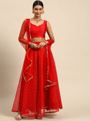 Red Sequinned Semi-Stitched Lehenga & Unstitched Blouse With Dupatta - Inddus.com