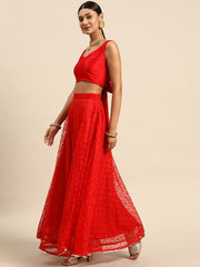 Red Sequinned Semi-Stitched Lehenga & Unstitched Blouse With Dupatta - Inddus.com