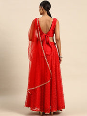 Red Sequinned Semi-Stitched Lehenga & Unstitched Blouse With Dupatta - Inddus.com