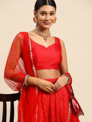 Red Sequinned Semi-Stitched Lehenga & Unstitched Blouse With Dupatta - Inddus.com