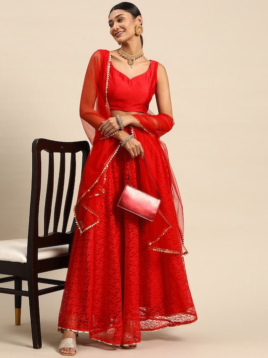 Red Sequinned Semi-Stitched Lehenga & Unstitched Blouse With Dupatta - Inddus.com