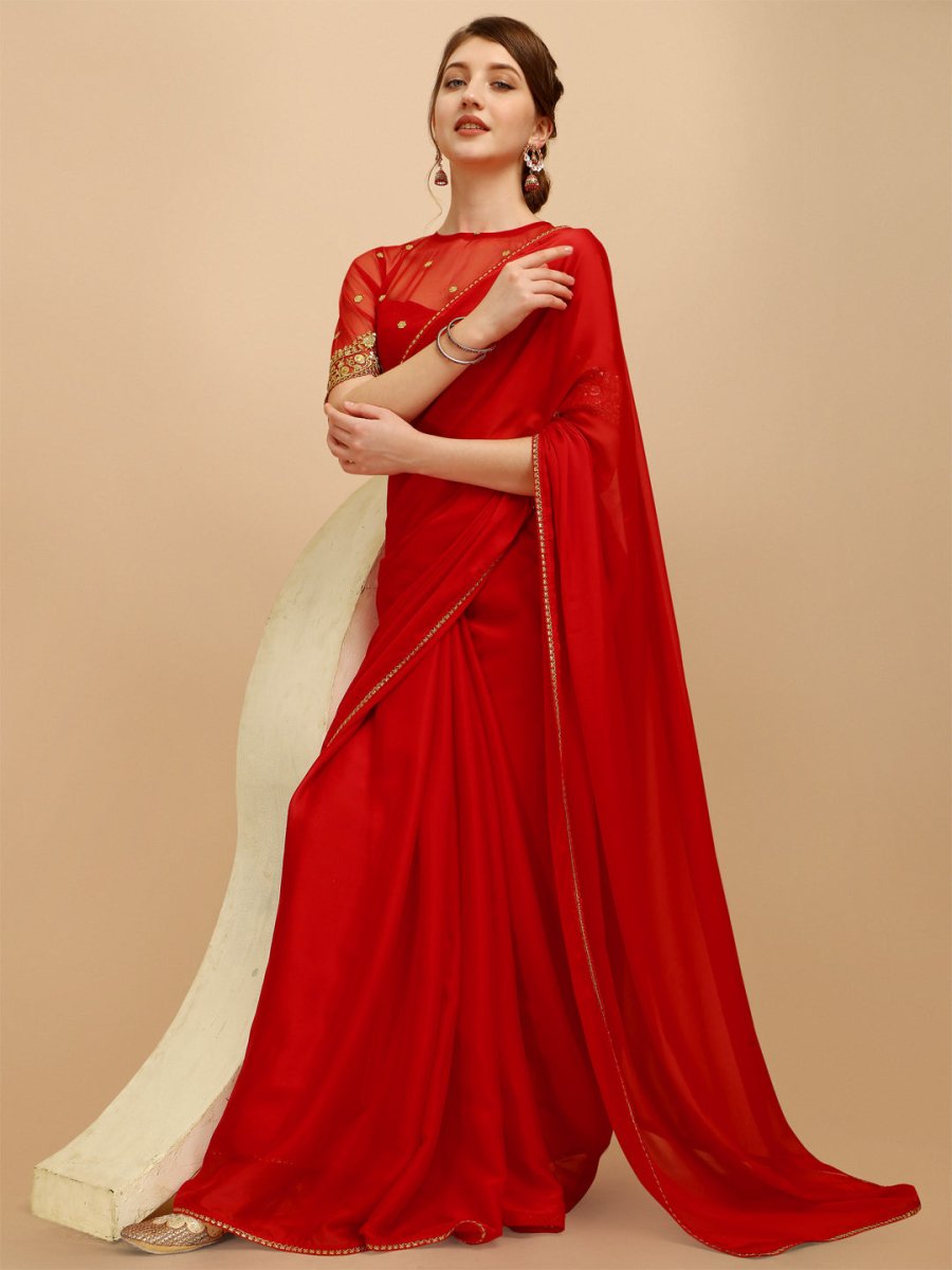 Red Silk Blend Embroidered Saree - Inddus.com