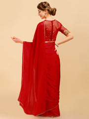 Red Silk Blend Embroidered Saree - Inddus.com