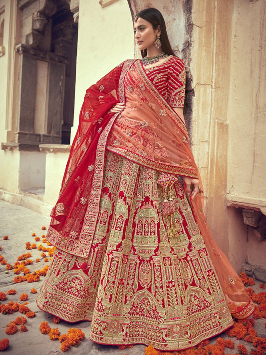 Red Silk Designer Lehenga Choli - Inddus.com