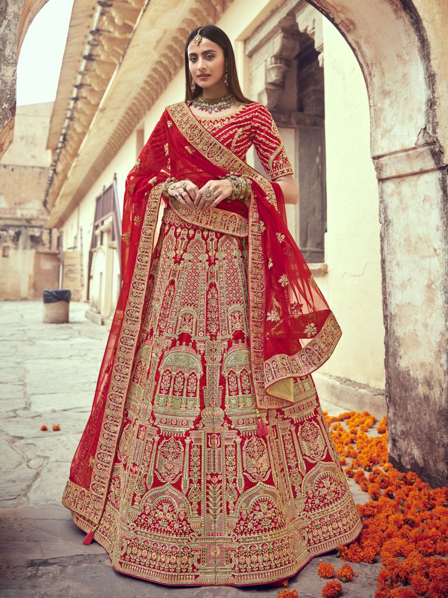 Red Silk Designer Lehenga Choli - Inddus.com