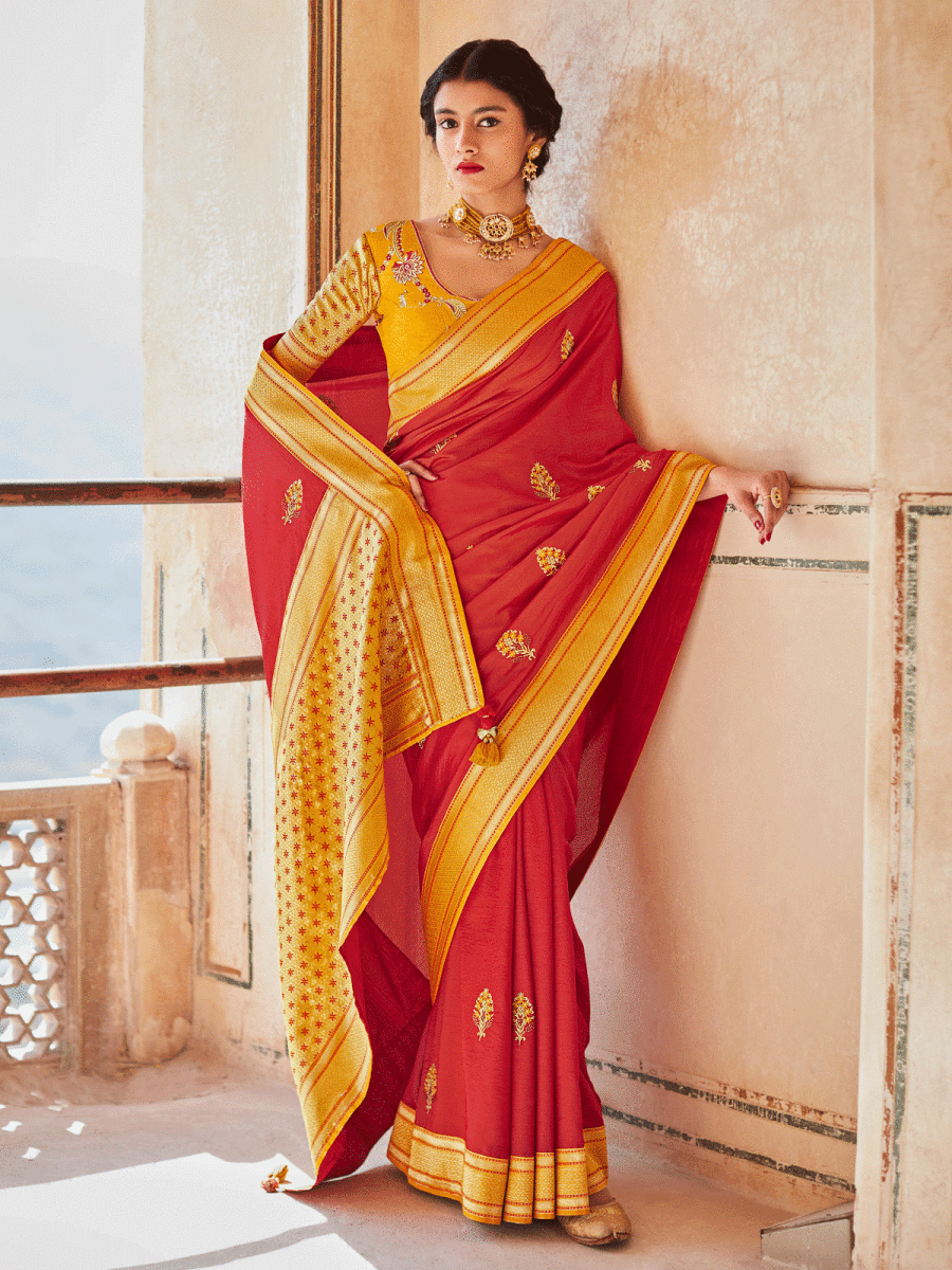 Red Silk Embellished Saree - Inddus.com