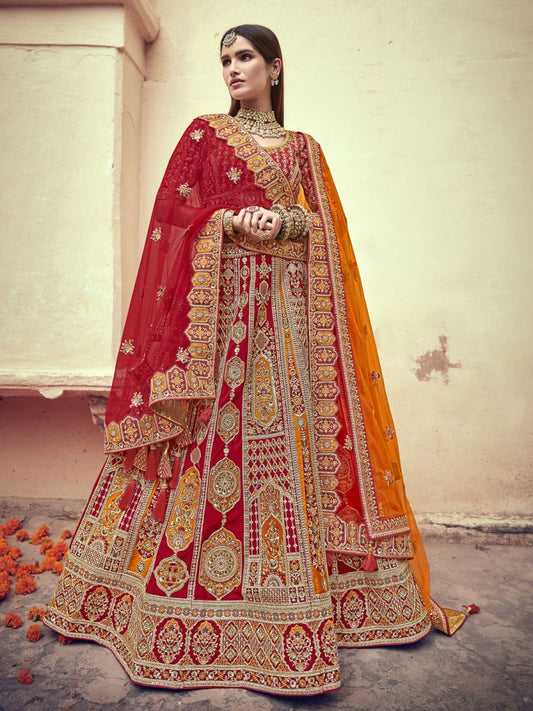 Red Silk Festive Lehenga Choli - Inddus.com