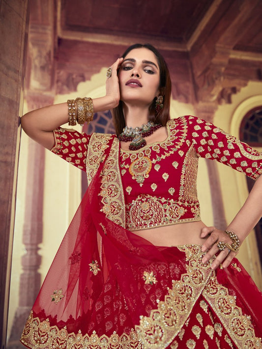 Red Silk Wedding Lehenga Choli - Inddus.com