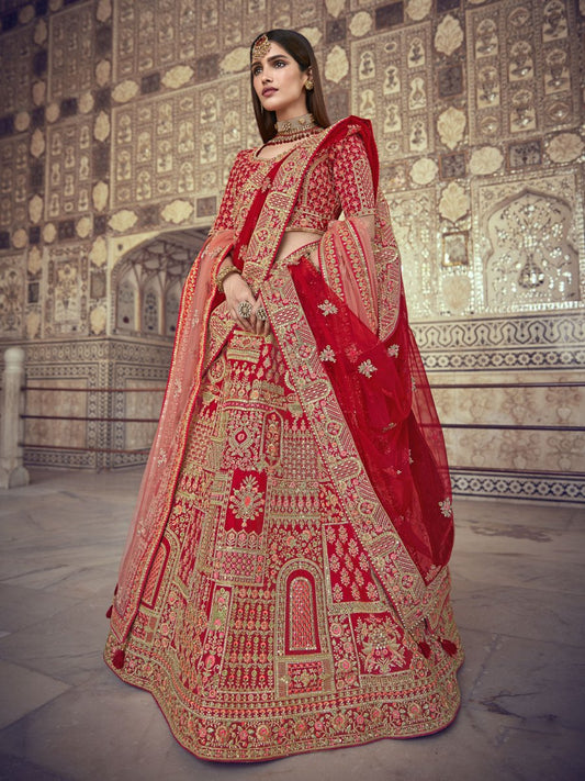 Red Silk Wedding Lehenga Choli - Inddus.com