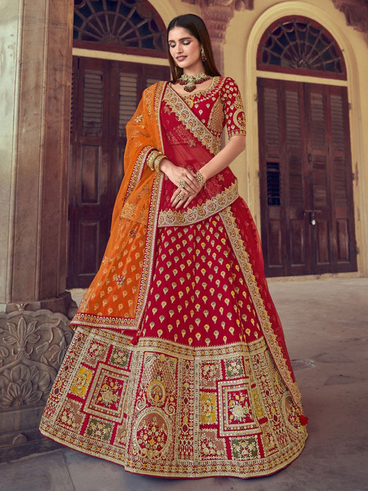 Red Silk Wedding Lehenga Choli - Inddus.com