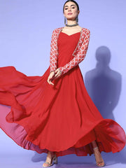 Red Solid Gown with Embroidered Jacket - Inddus.com