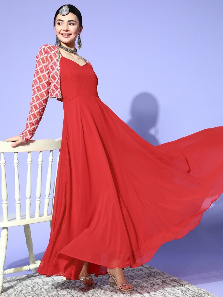 Red Solid Gown with Embroidered Jacket - Inddus.com