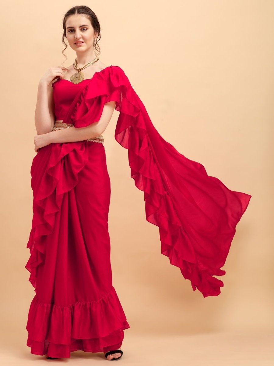 Red Solid Ruffled Saree with Belt - inddus-us