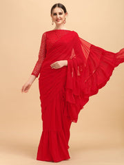 Red Solid Ruffled Saree with Net Embroidered Blouse - inddus-us