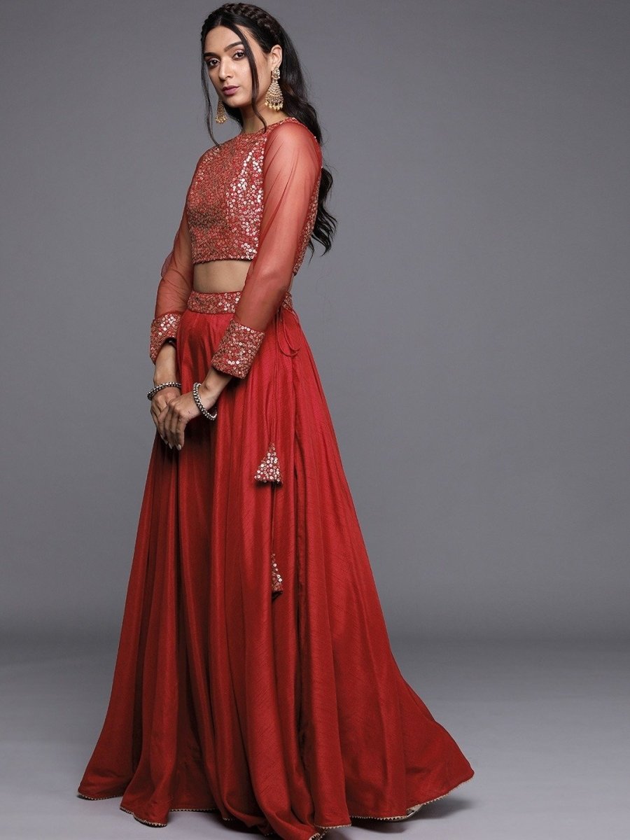 Red Solid SemiStitched Lehenga with Sequinned Blouse and Net Dupatta - inddus-us