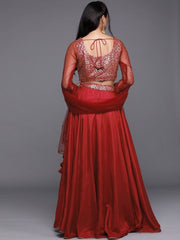 Red Solid SemiStitched Lehenga with Sequinned Blouse and Net Dupatta - inddus-us