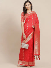 Red Stripped Zari Woven Traditional Saree - inddus-us