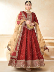 Red Tafeta Butti Festive-Wear Anarkali Suit - Inddus.com