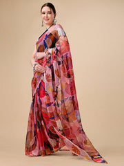 Red & Teal Blue Floral Printed Organza Saree - Inddus.com