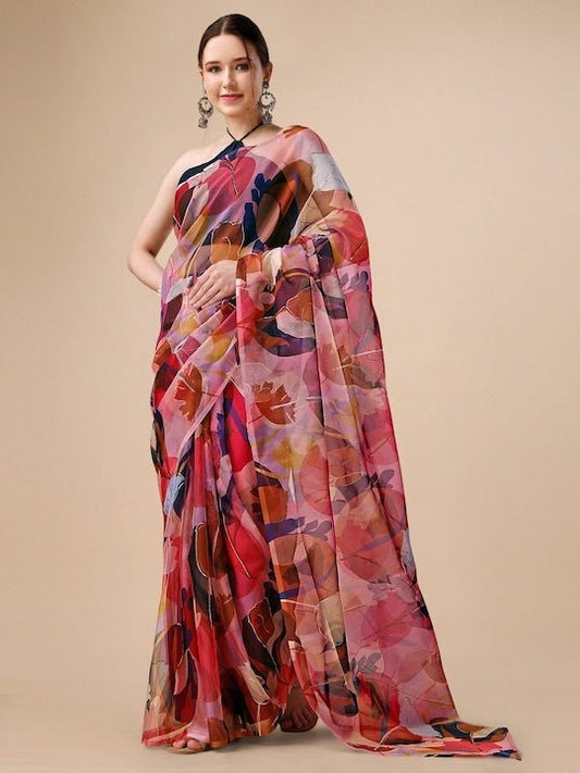 Red & Teal Blue Floral Printed Organza Saree - Inddus.com