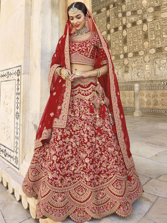 Red Velvet Embroidered Lehenga Choli - Inddus.com
