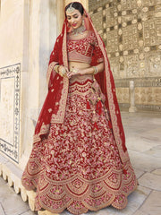 Red Velvet Embroidered Lehenga Choli - Inddus.com