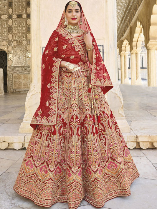 Red Velvet Embroidered Lehenga Choli - Inddus.com